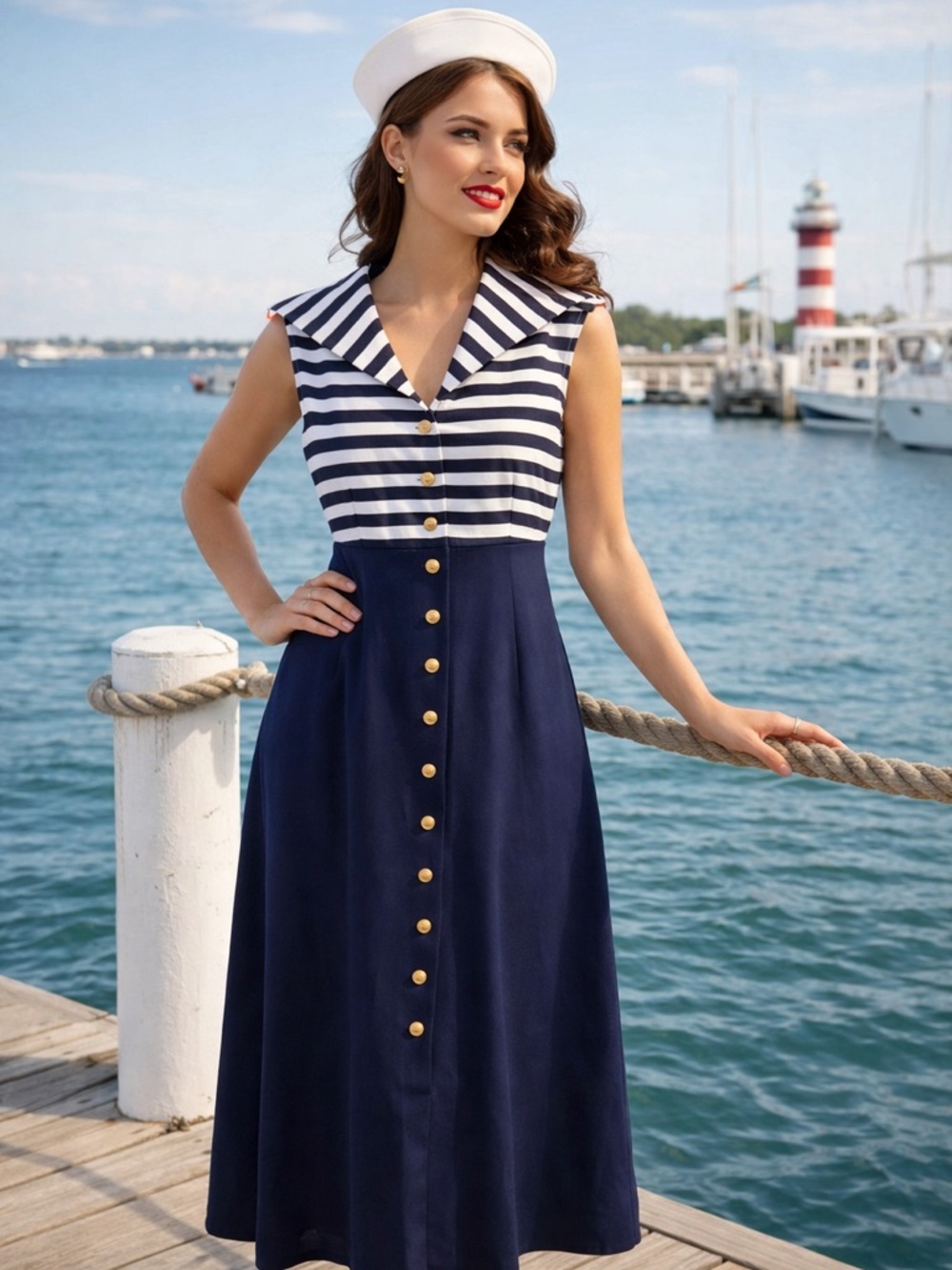 Evan Picone Navy and White Striped Sailor Midi Dress retro